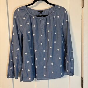 Talbots Petite Blue w/ Embroidered Flowers Cotton Chambray Blouse LP Coquette